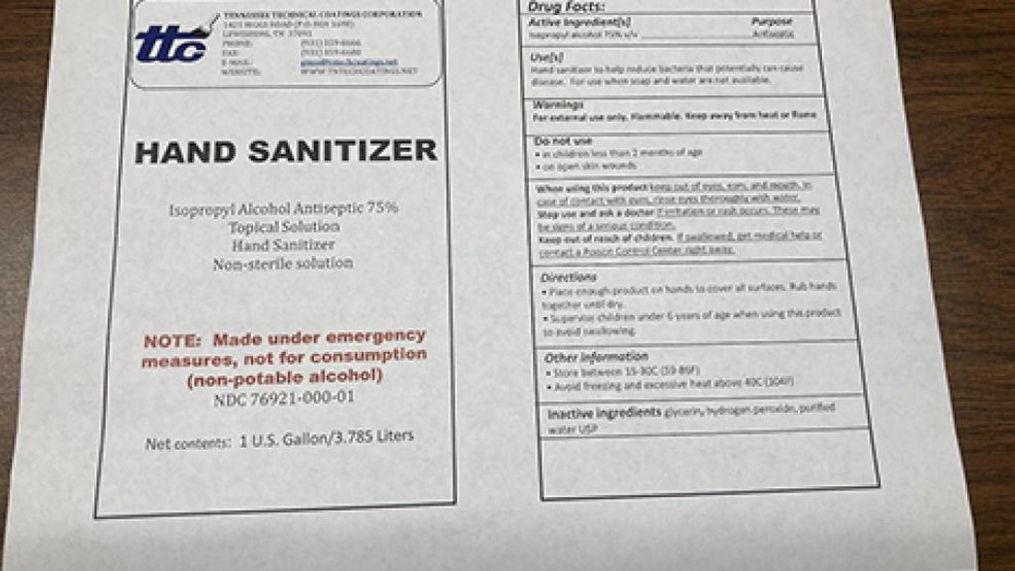 {p}Tennessee Technical Coatings Corp. says it is recalling all lots of Hand Sanitizer Isopropyl Alcohol Antiseptic 75%, which was distributed in Tennessee to retail customers and wholesale companies between April 2020 and August 2020. (Photo from FDA recall notice){/p}{p}{/p}