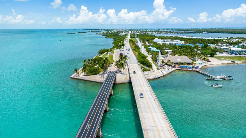 Aerial view of the island Marathon Key, the Seven Mile Bridge, and the Overseas Highway at the Florida Keys.