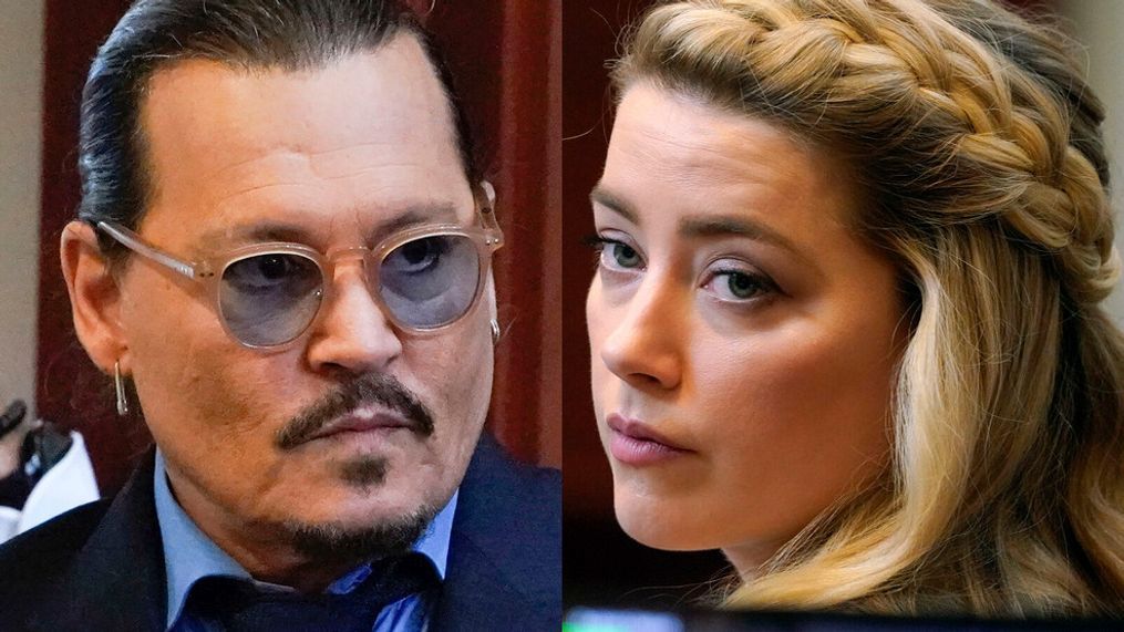 This combination of two separate photos shows actors Johnny Depp, left, and Amber Heard in the courtroom for closing arguments at the Fairfax County Circuit Courthouse in Fairfax, Va., on Friday, May 27, 2022. (AP Photos/Steve Helber, Pool)