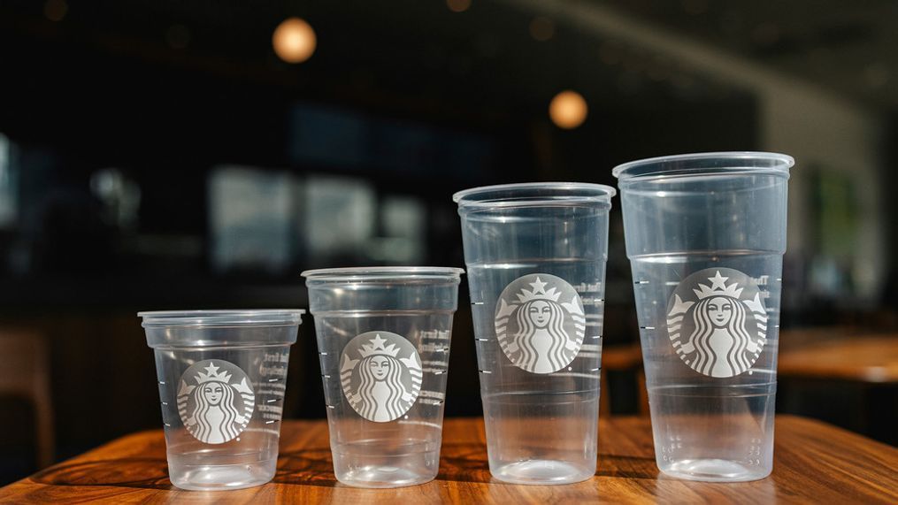 This photo provided by Starbucks shows a new version of the company's cold cup which is said to be made with up to 20% less plastic.(Starbucks via AP)