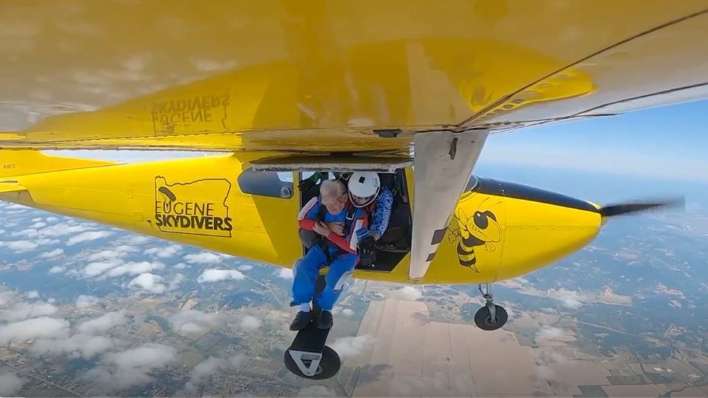 91-year-old John Finnie is seen skydiving on June 24, 2023, as friends, family cheer the Air Force veteran on. (Submitted image)