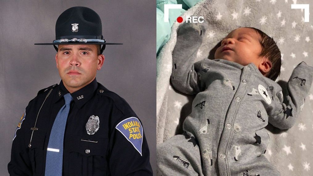 Indiana State Police Trooper Thomas Maymi (left) says he's glad he was in the right place at the right time to help deliver baby Malaki Thomas Robertson (right). (Photos provided by Indiana State Police)