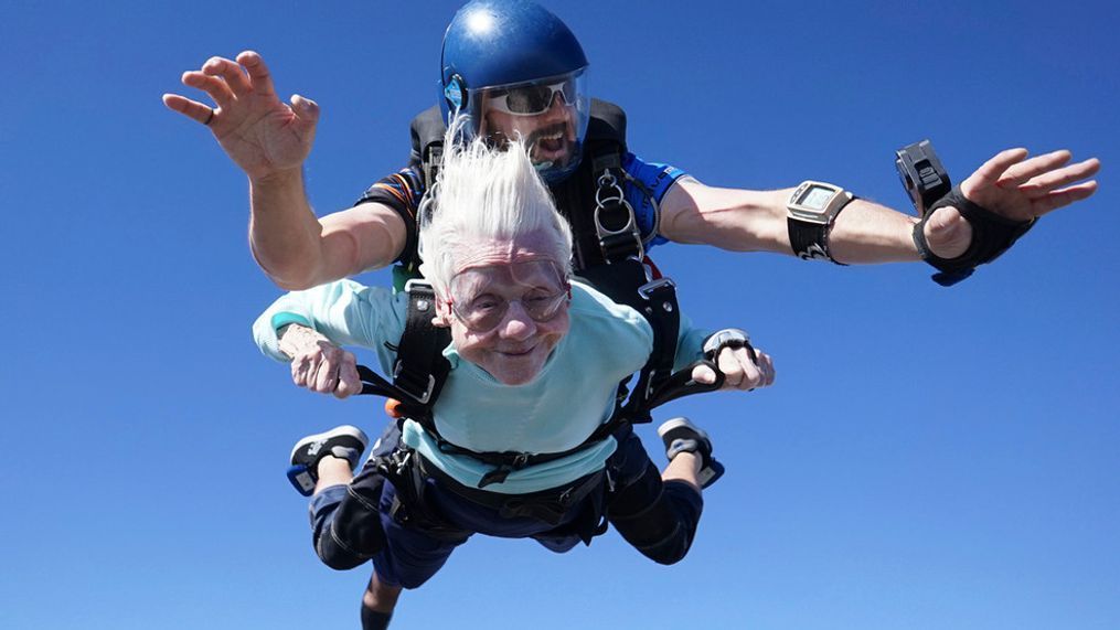 FILE - This photo provided by Daniel Wilsey shows Dorothy Hoffner, 104, falling through the air with tandem jumper Derek Baxter as she becomes the oldest person in the world to skydive, Sunday, Oct. 1, 2023, at Skydive Chicago in Ottawa, Ill. (Daniel Wilsey via AP, File)