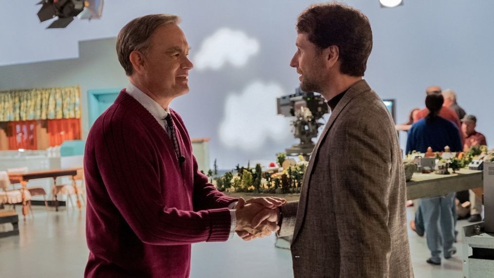 Mister Rogers (Tom Hanks) meets journalist Lloyd Vogel (Matthew Rhys) in TriStar Pictures’ A BEAUTIFUL DAY IN THE NEIGHBORHOOD. (Photo: Sony)