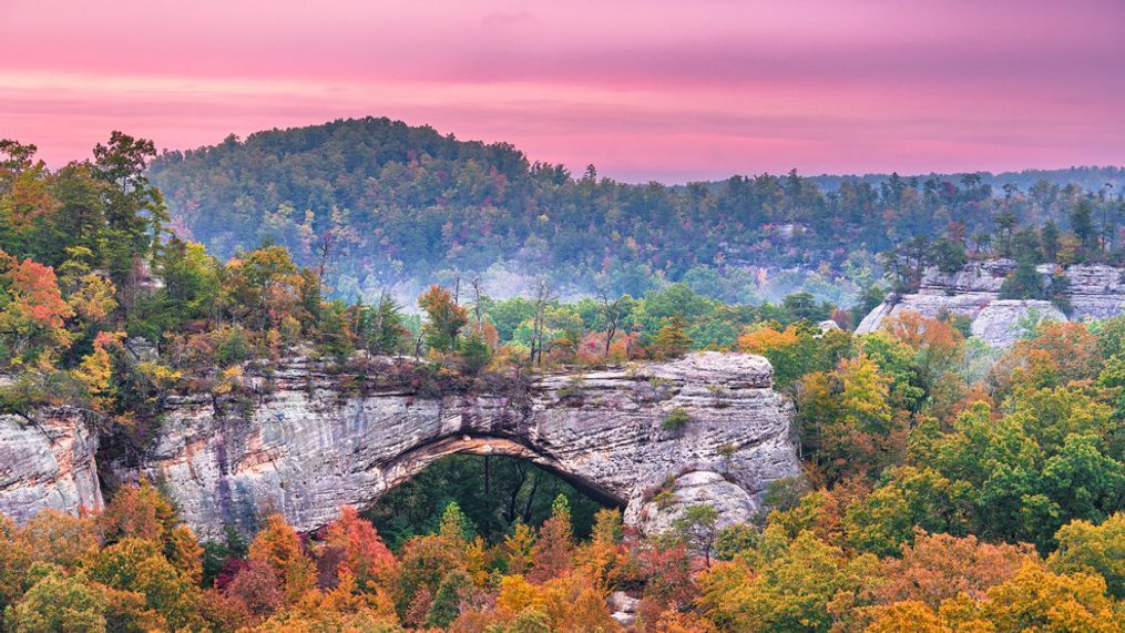 Daniel Boone National Forest, Kentucky, at the Natural Arch at dusk in autumn.