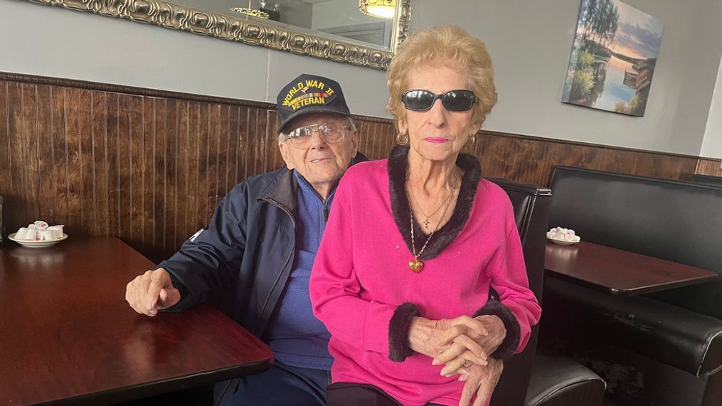 Robert Gorman, 98, and his wife Ann Gorman, 95, celebrate their 75th wedding anniversary with family and friends. (WJAR){&nbsp;}