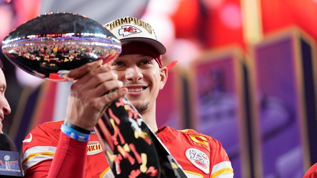 Kansas City Chiefs quarterback Patrick Mahomes holds the Vince Lombardi Trophy after the NFL Super Bowl 58 football game against the San Francisco 49ers on Sunday, Feb. 11, 2024, in Las Vegas. The Kansas City Chiefs won 25-22 against the San Francisco 49ers. (AP Photo/Ashley Landis)