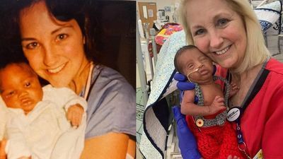 Image for story: New Jersey NICU nurse takes same photo with father and son, both preemies, 30 years apart