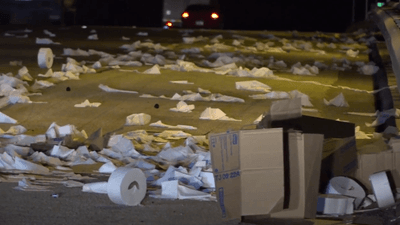 Image for story: Big rig hauling trailer full of toilet paper bound for San Antonio crashes, catches fire