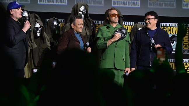 Kevin Feige, from left, Joe Russo, Robert Downey Jr., and Anthony Russo attend a panel for Marvel Studios during Comic-Con International on Saturday, July 27, 2024, in San Diego. (Photo by Richard Shotwell/Invision/AP)