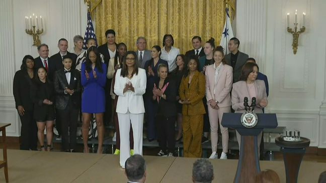 The Las Vegas Aces visit the White House to celebrate their 2022 WNBA championship on Friday, Aug. 25, 2023. (Pool)