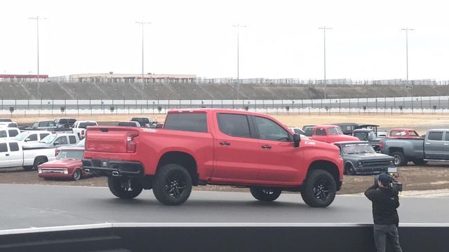 We got a glimpse of the tail end of the 2019 Chevrolet Silverado as it sped off the stage post reveal. (Sinclair Broadcast Group / Jill Ciminillo){p}{/p}