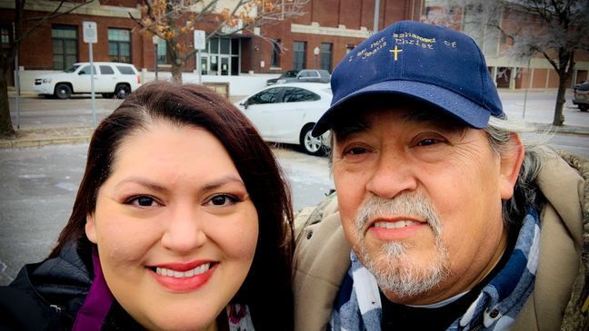 A Muskogee, Okla., woman posted these sweet photos of her father showing up to her work this week and pouring salt on the ground so she wouldn’t slip walking inside. (Provided photos: Elizabeth Bautista Boyd)