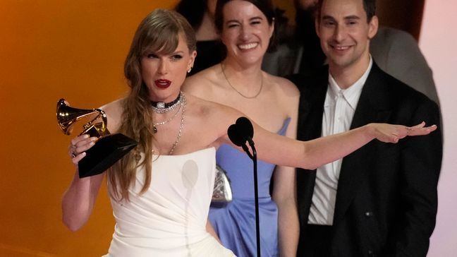 Taylor Swift accepts the award for album of the year for "Midnights" during the 66th annual Grammy Awards on Sunday, Feb. 4, 2024, in Los Angeles. (AP Photo/Chris Pizzello)