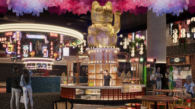 A rendering for a food stall inside the Famous Foods Street Eats dining hall of Resorts World Las Vegas. (Image courtesy Resorts World)