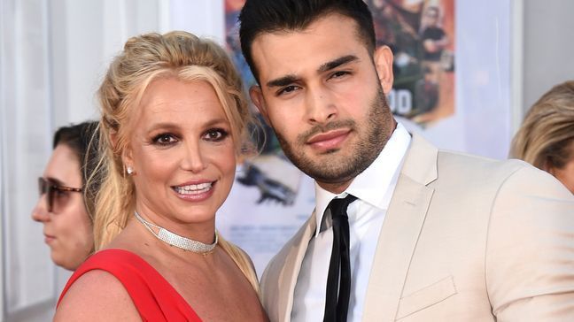 FILE - Britney Spears and Sam Asghari appear at the Los Angeles premiere of "Once Upon a Time in Hollywood" on July 22, 2019. (Photo by Jordan Strauss/Invision/AP, File)