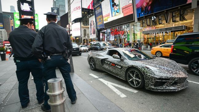 A camouflaged next generation Corvette travels down 7th Avenue near Times Square Thursday, April 11, 2019 in New York, New York.{&nbsp;}(Image courtesy of General Motors)