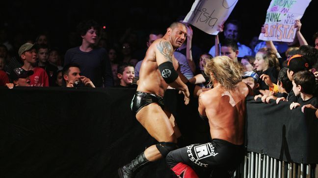 Dave Batista fights World Heavyweight Champion Edge outside the ring during WWE Smackdown at Acer Arena on June 15, 2008 in Sydney, Australia.  (Photo by Gaye Gerard/Getty Images)