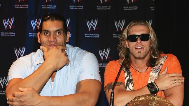 WWE Wrestler "Khali" and  " Edge" during the WWE Smackdown Photo Call at the Sheraton on the Park Hotel on June 15, 2008 in Sydney, Australia.  (Photo by Gaye Gerard/Getty Images)