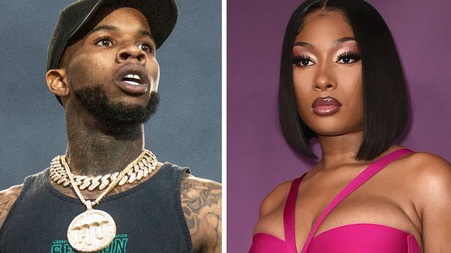 FILE - This combination photo shows Tory Lanez performing at the Festival d'ete de Quebec on Wednesday July 11, 2018, in Quebec City, Canada, left, and Megan Thee Stallion at the premiere of "P-Valley" on Thursday, June 2, 2022, in Los Angeles.{&nbsp;} (Photos by Amy Harris, left, Richard Shotwell/Invision/AP)