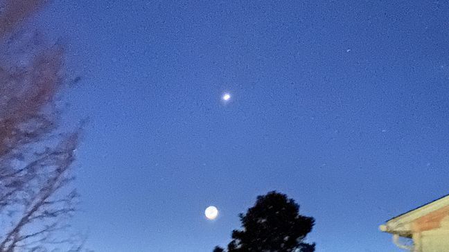 The moon, Venus and Jupiter all shone on Tuesday, Feb. 21, 2023. (Kathy Dunn via Chime In)