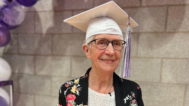 Katherine Cole of Hannah, Utah, is seen during her Tabiona High School graduation in 2024, where she earned her diploma nearly 80 years after she had to leave high school to take care of her family. (KUTV Photo: Amanda Gilbert)