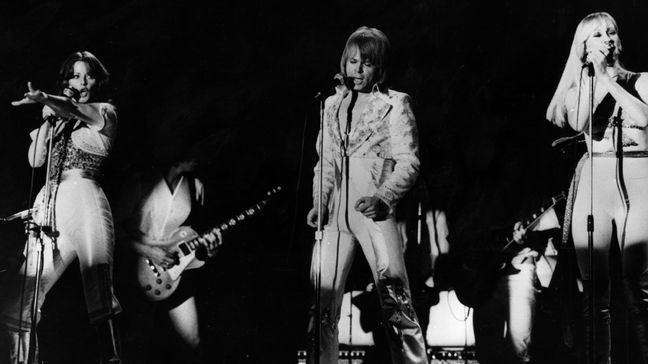 Swedish pop group Abba on stage in Denmark. The three members of the group singing are Frida Lyngstad, Bjorn Ulvaeus and Agnetha Faltskog.   (Photo by Keystone/Getty Images)