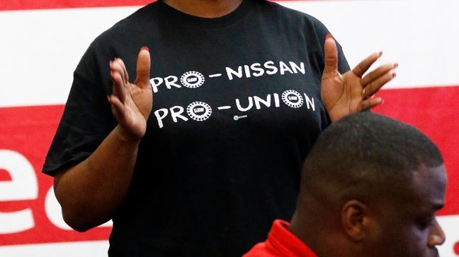 In this Tuesday, Aug. 1, 2017, photo, Nissan employee Betty Jones speaks in support of unionizing the vehicle assembly plant during a comment period before UAW members and Nissan employees at the UAW Canton, Miss., headquarters during a work rally near the Nissan plant. In voting that begins early Thursday, Aug. 3, some 3,700 direct employees at Nissan Motor Co.'s car and truck assembly plant in Canton will decide whether they want a union. The polls close at 7 p.m., local time on Friday. (AP Photo/Rogelio V. Solis)