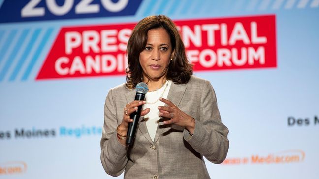 U.S. Sen. Kamala Harris, D-Calif., speaks at the AARP Presidential Forum at the Waterfront Convention Center in Bettendorf, Iowa on Tuesday, July 16, 2019.  (Olivia Sun/The Des Moines Register via AP)