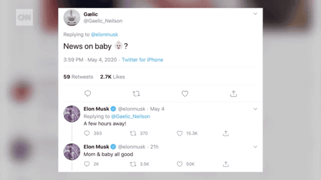 Tesla CEO Elon Musk and pop star Grimes welcomed a baby boy. Musk shared photos of the newborn on Twitter. (Photo: CNN via CNN Newsource)