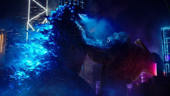 (L-r) GODZILLA battles KONG in Warner Bros. Pictures’ and Legendary Pictures’ action adventure “GODZILLA VS. KONG,” a Warner Bros. Pictures and Legendary Pictures release. (Photo: Warner Bros.)