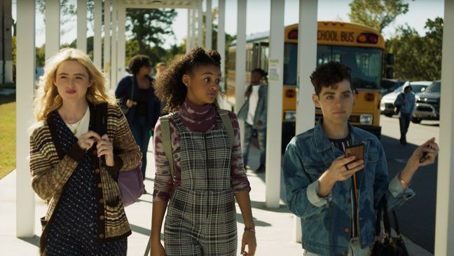 (from left) Millie Kessler (Kathryn Newton), Nyla Chones (Celeste O'Connor) and Josh Detmer (Misha Osherovich) in Freaky, co-written and directed by Christopher Landon.{&nbsp;}(Photo: Universal Pictures)