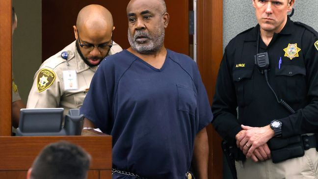 FILE - Duane "Keffe D" Davis is led into the courtroom at the Regional Justice Center on Wednesday, Oct. 4, 2023, in Las Vegas. Davis has been charged in the 1996 fatal drive-by shooting of rapper Tupac Shakur. Davis, 60, was arrested Sept. 29, 2023, and charged with orchestrating the drive-by shooting of Shakur near the Las Vegas Strip that also wounded rap music mogul Marion âSugeâ Knight. (Bizuayehu Tesfaye/Las Vegas Review-Journal, Pool)