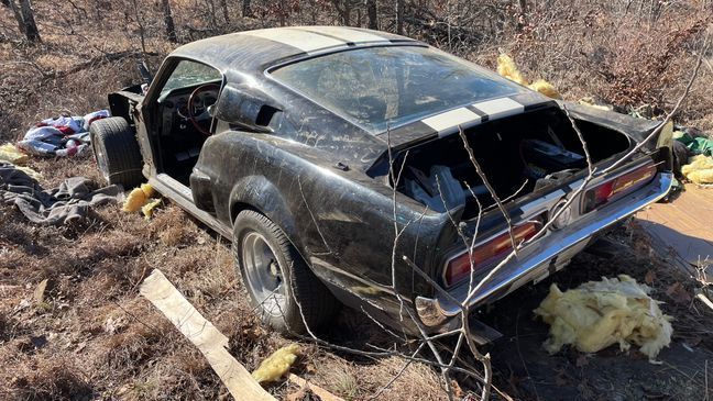 {p}A photo provided by Tulsa police Friday, January 28, 2022, showsa stolen 1967 Ford Mustang Shelby GT500 that was found in a field in Mounds, Okla.Police said the car’s engine appears intact, but the doors, fenders and hoodhad been removed. (TPD){/p}