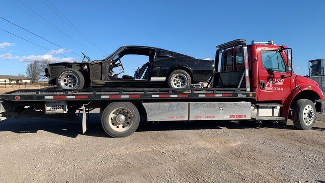 {p}A 1967 Ford Mustang Shelby GT500 that was found in a field in Mounds, Okla., after it was stolen is seen Friday, January 28, 2022. Police said the car’s engine appears intact, but the doors, fenders and hood had been removed. (KTUL photo){/p}