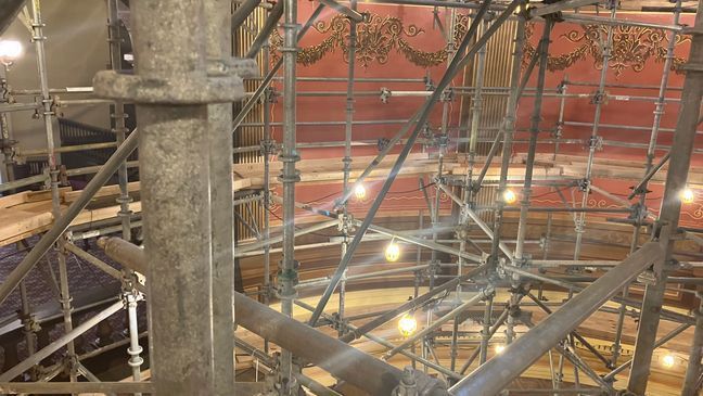 Scaffolding is spread across the Michigan State Capitol Building's rotunda on April 4, 2024. Restoration work, which comes about every 40 years or so, is almost complete. (James Prince/WWMT)