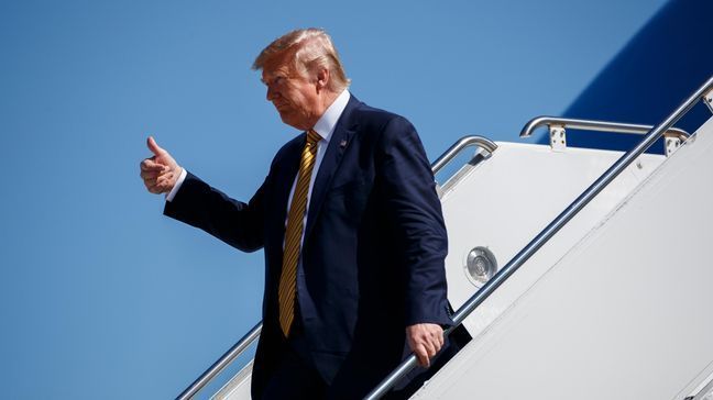 File- President Donald Trump arrives at Moffett Federal Airfield to attend a fundraiser, Tuesday, Sept. 17, 2019, in Mountain View, Calif. (AP Photo/Evan Vucci)