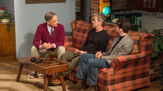 Tom Hanks, Tom Junod and Matthew Rhys on the set of TriStar Pictures’ A BEAUTIFUL DAY IN THE NEIGHBORHOOD. (Photo: Sony){&nbsp;}