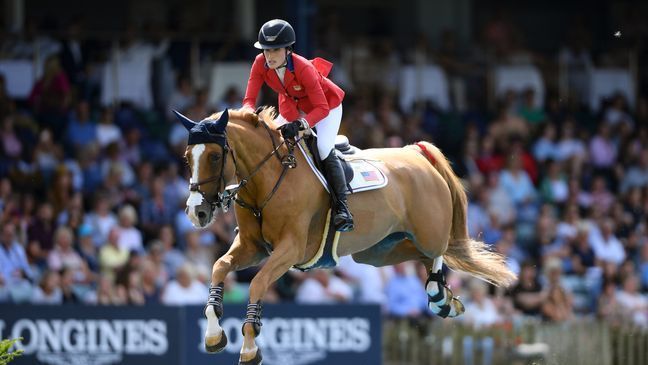 FILE - Jessica Springsteen of USA and Confu in action during the Longines BHS King George V Gold Cup at the Hickstead All England Jumping Course - International Arena on July 28, 2019 in Hickstead, West Sussex. (Photo by Mike Hewitt/Getty Images)