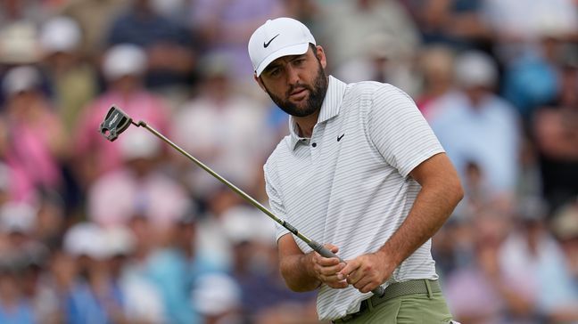 Scottie Scheffler reacts after missing a putt on the seventh hole during the first round of the PGA Championship golf tournament at the Valhalla Golf Club, Thursday, May 16, 2024, in Louisville, Ky. (AP Photo/Sue Ogrocki)