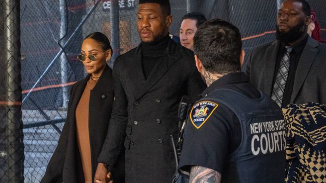 FILE - Actor Jonathan Majors departs with girlfriend Meagan Good from his sentencing hearing in the domestic abuse case at Manhattan Criminal Court on April 8, 2024 in New York City. (Photo by David Dee Delgado/Getty Images)