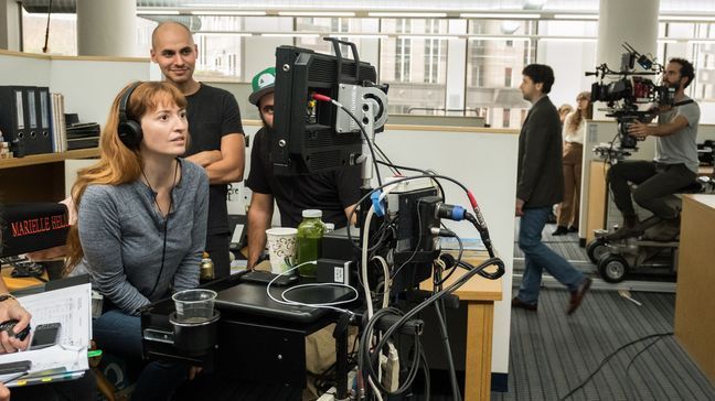 Director Marielle Heller, Cinematographer Jody Lee Lipes, first assistant director Tomas "Dutch" Deckaj, Matthew Rhys and "A" camera operator Sam Ellison on the set of TriStar Pictures’ A BEAUTIFUL DAY IN THE NEIGHBORHOOD. (Photo: Sony){&nbsp;}