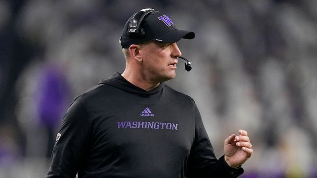 Washington head coach Kalen DeBoer watches during the first half of the national championship NCAA College Football Playoff game against Michigan Monday, Jan. 8, 2024, in Houston. (AP Photo/Eric Gay)