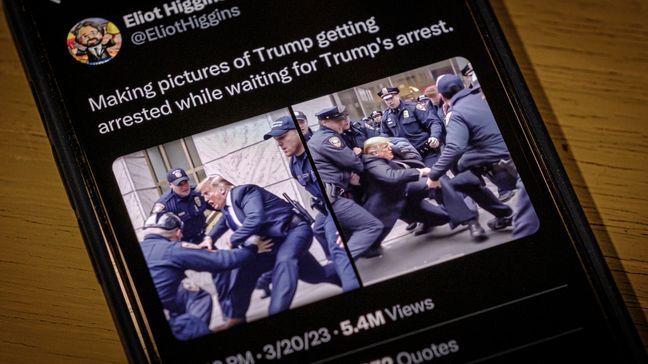 FILE - Images created by Eliot Higgins with the use of artificial intelligence show a fictitious skirmish with Donald Trump and New York City police officers posted on Higgins' Twitter account, as photographed on an iPhone in Arlington, Va., Thursday, March 23, 2023. (AP Photo/J. David Ake)