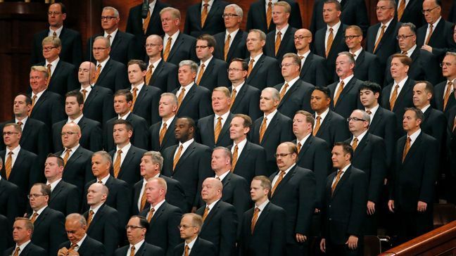 FILE - In this Oct. 5, 2019, file photo, members of The Tabernacle Choir at Temple Square look on during The Church of Jesus Christ of Latter-day Saints' twice-annual church conference in Salt Lake City. (AP Photo/Rick Bowmer, File)