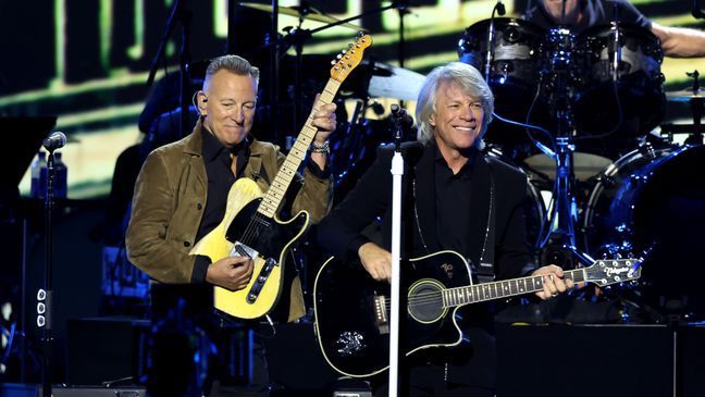 Bruce Springsteen and Jon Bon Jovi perform onstage during 2024 MusiCares Person Of The Year Honoring Jon Bon Jovi at Los Angeles Convention Center on February 02, 2024 in Los Angeles, California. (Photo by Amy Sussman/Getty Images)