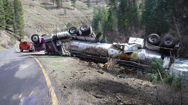 A 53-foot-long tanker truck accidentally released 77,000 salmon into an Oregon creek after it crashed and flipped on March 29, 2024. (Photo courtesy of Oregon Department of Fish and Wildlife)