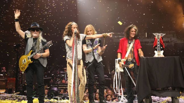 ELMONT, NEW YORK - SEPTEMBER 09: Brad Whitford, Steven Tyler, Tom Hamilton and Joe Perry of Aerosmith perform at UBS Arena on September 09, 2023 in Elmont, New York. (Photo by Kevin Mazur/Getty Images)