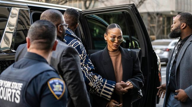 Jonathan Majors and Meagan Good arrive at Criminal Court on Monday, April 8, 2024 in New York. (AP Photo/Brittainy Newman)