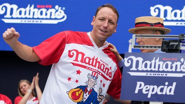 Competitive eater Joey Chestnut attends a weigh-in ceremony before the Nathan's Famous July Fourth hot dog eating contest, Monday, July 3, 2023, in New York. (AP Photo/John Minchillo)